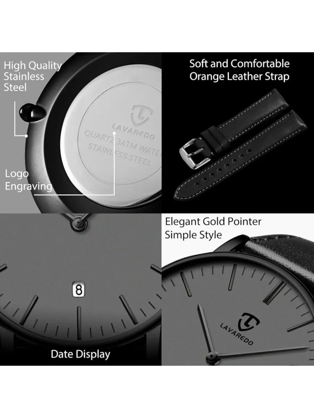 Mens Black Grey Leather Strap Analog Minimalist Fashion Simple Round Wrist Watch